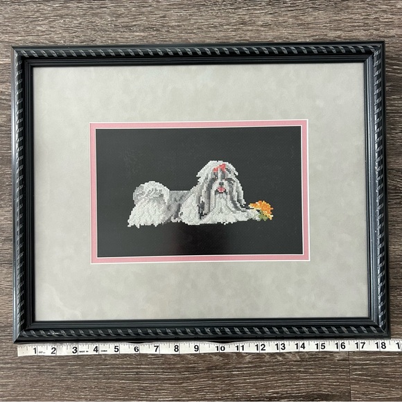 Vintage Cross Stitch Shih Tzu Black Framed Matted Dog Handmade Wall Art 18x15” - Picture 5 of 6